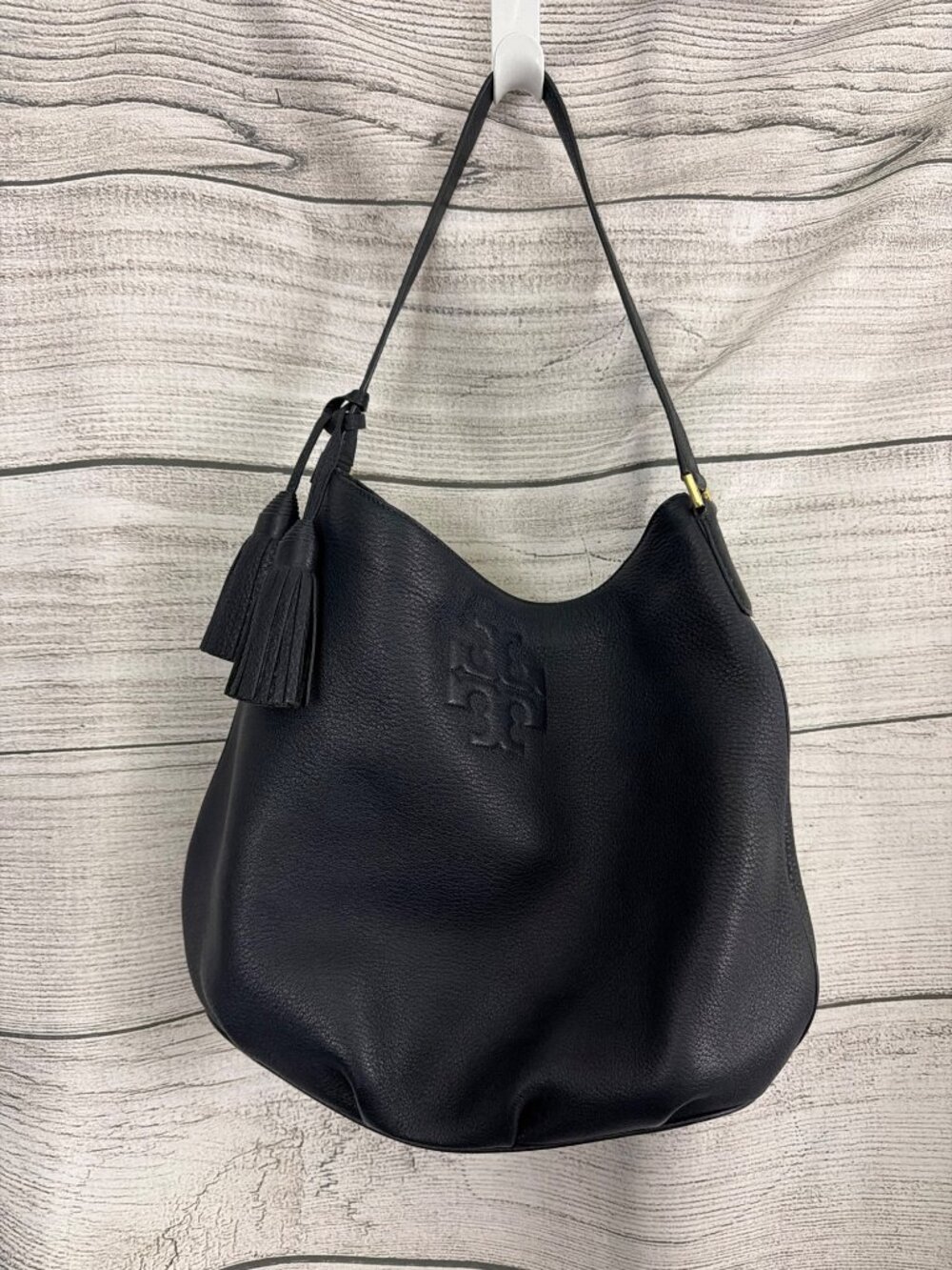 Tory Burch Navy Thea Hobo Bag With Tassel and Gold Hardware